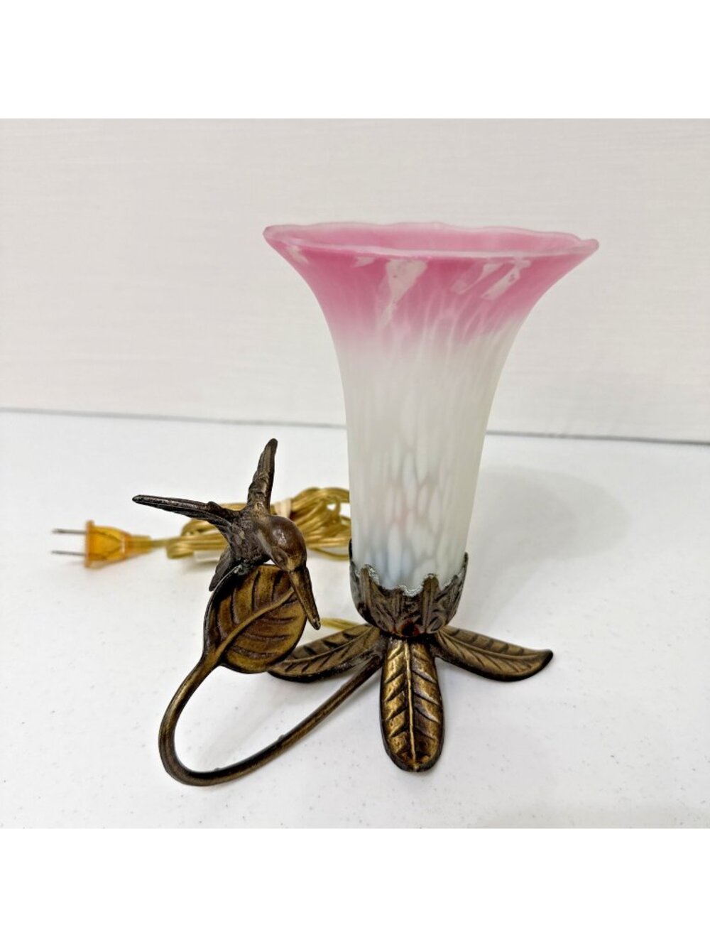 Hummingbird Trumpet Pink & White Shade 7.25 Accent Desk Lamp Brass Bronze Finish